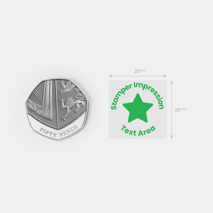 Stamper impression image alongside a fifty pence piece for size comparison.