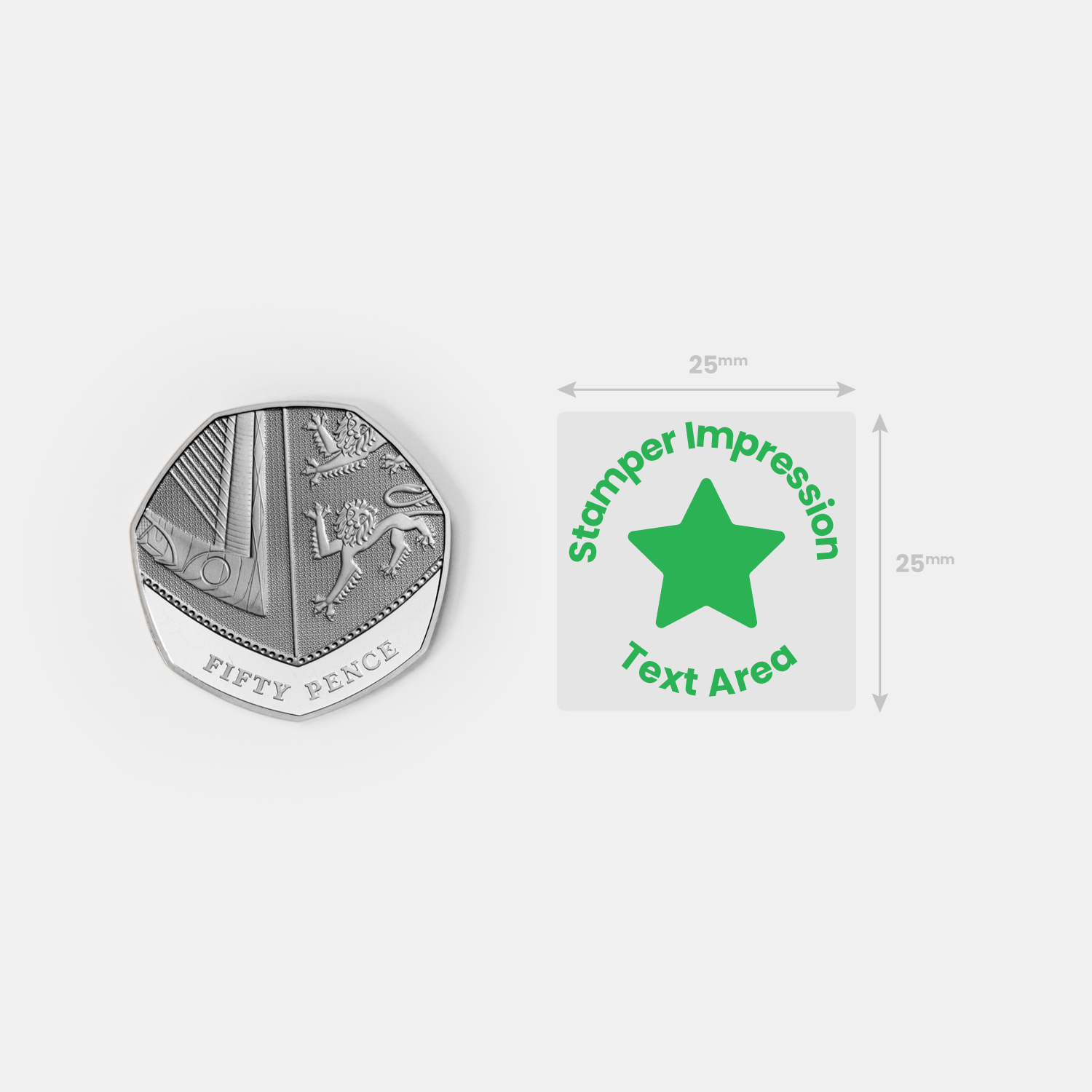 Stamper impression image alongside a fifty pence piece for size comparison.