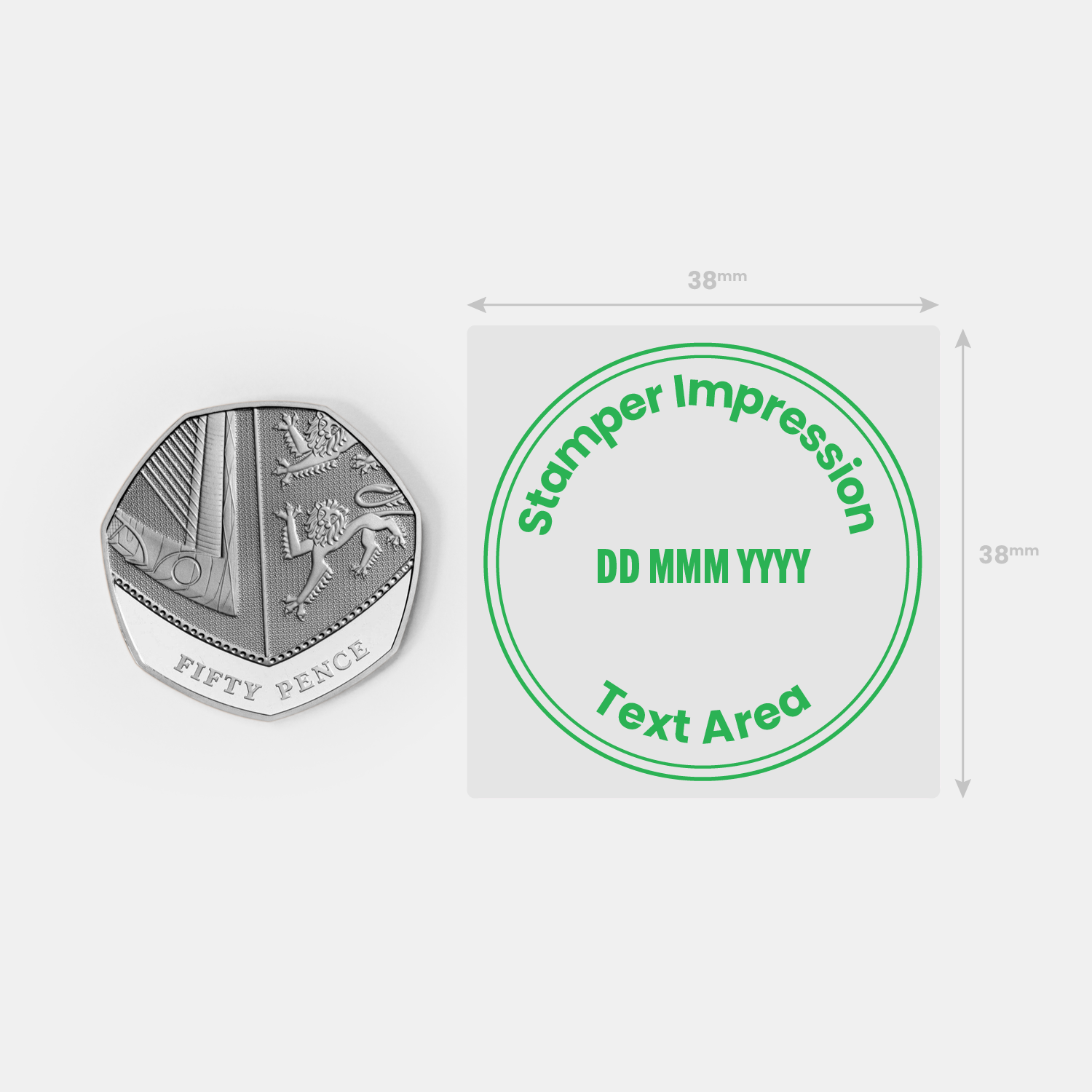 Stamper impression image alongside a fifty pence piece for size comparison.