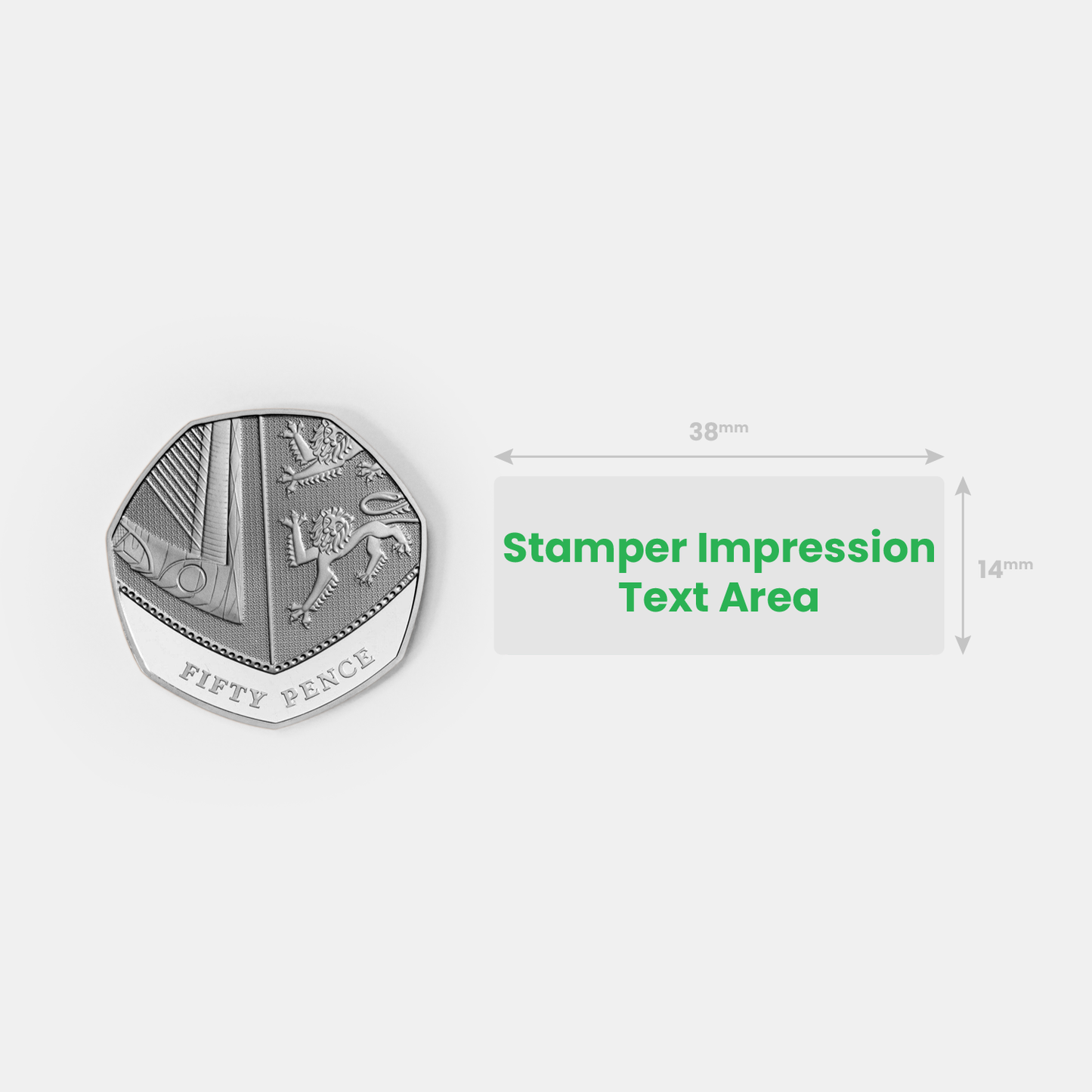 Stamper impression image alongside a fifty pence piece for size comparison.