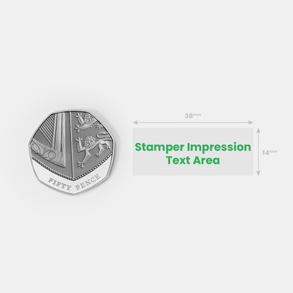Stamper impression image alongside a fifty pence piece for size comparison.