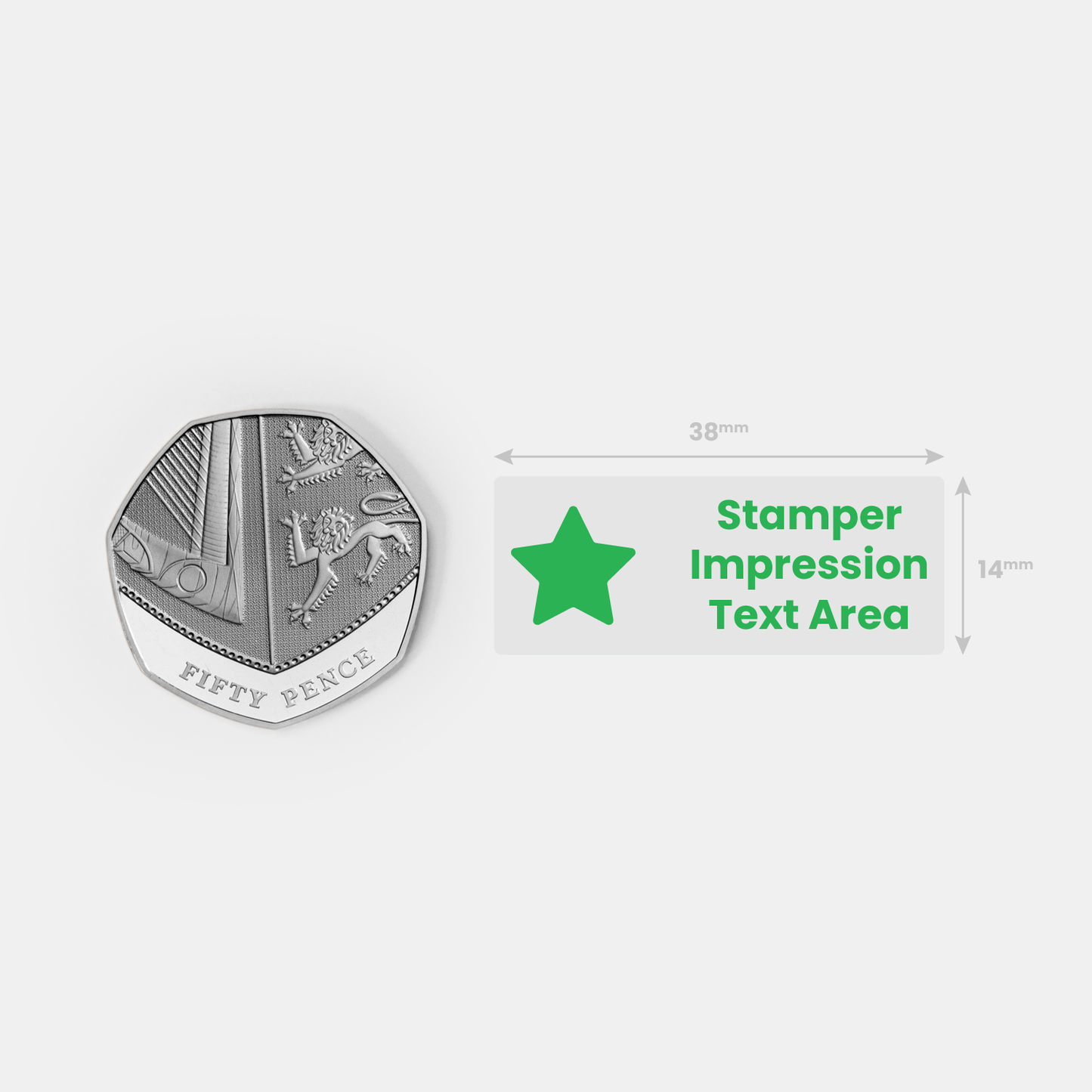 Stamper impression image alongside a fifty pence piece for size comparison.