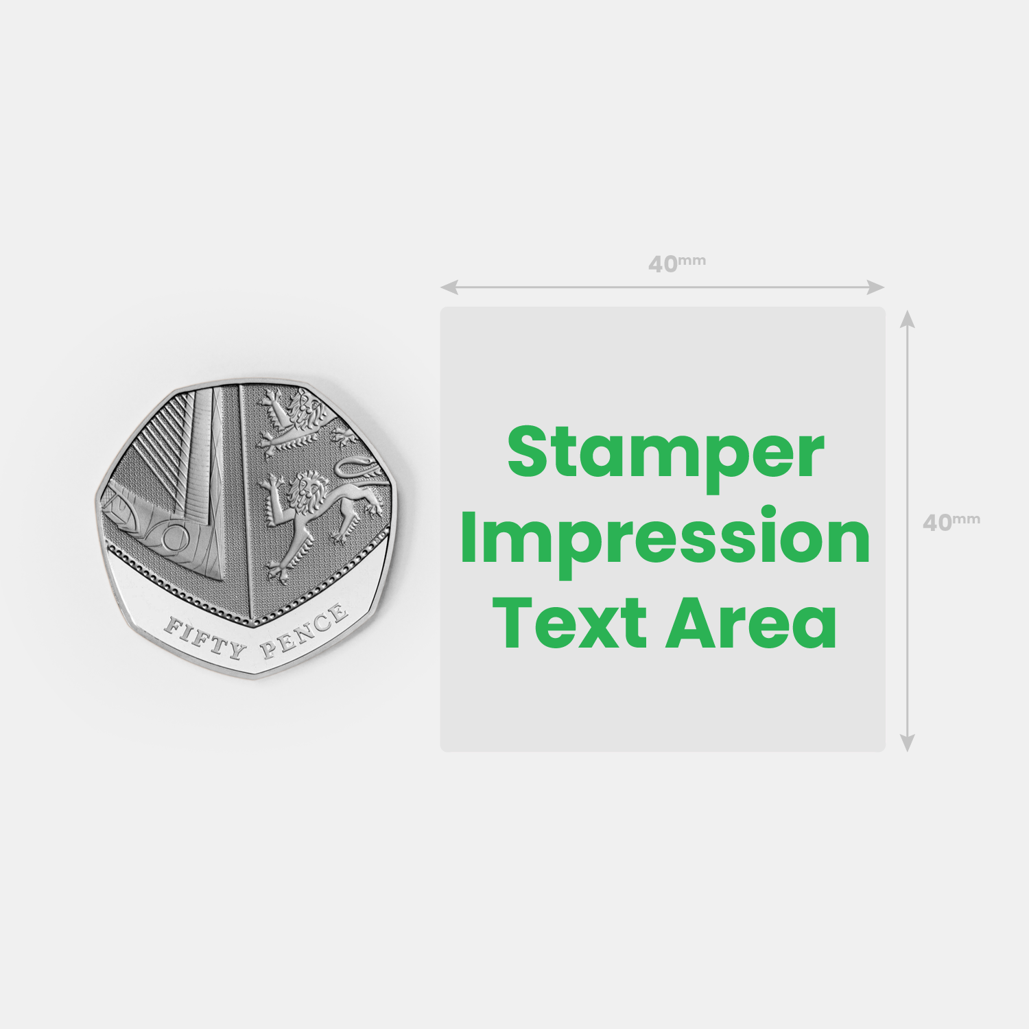 Stamper impression image alongside a fifty pence piece for size comparison.