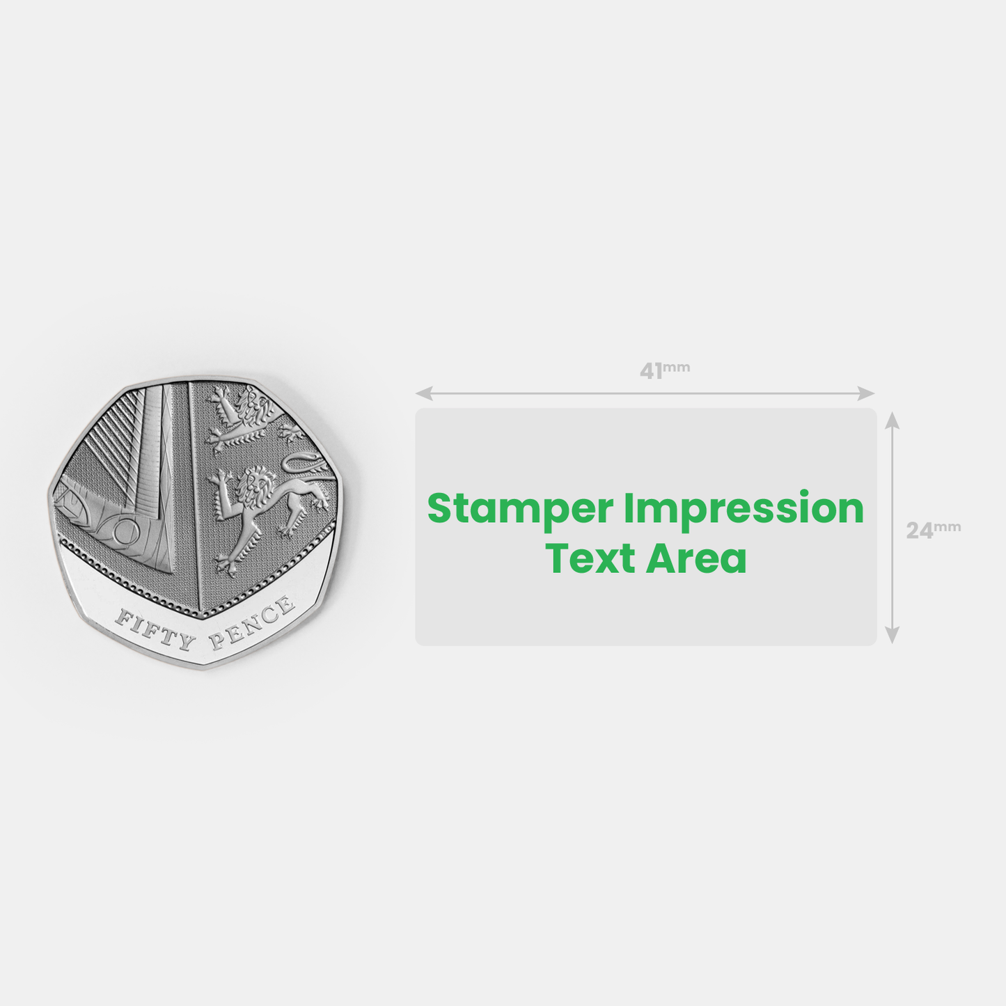 Stamper impression image alongside a fifty pence piece for size comparison.