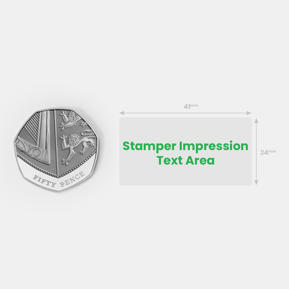 Stamper impression image alongside a fifty pence piece for size comparison.