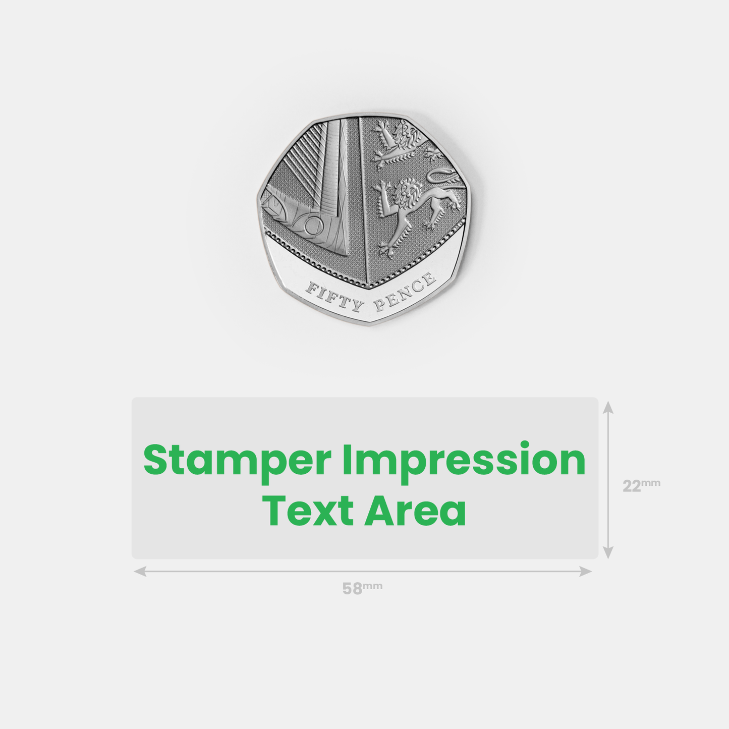 Stamper impression image alongside a fifty pence piece for size comparison.