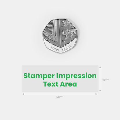 Stamper impression image alongside a fifty pence piece for size comparison.