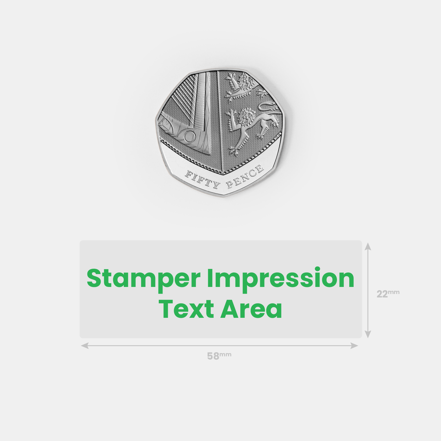 Stamper impression image alongside a fifty pence piece for size comparison.