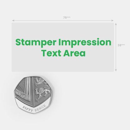 Stamper impression image alongside a fifty pence piece for size comparison.