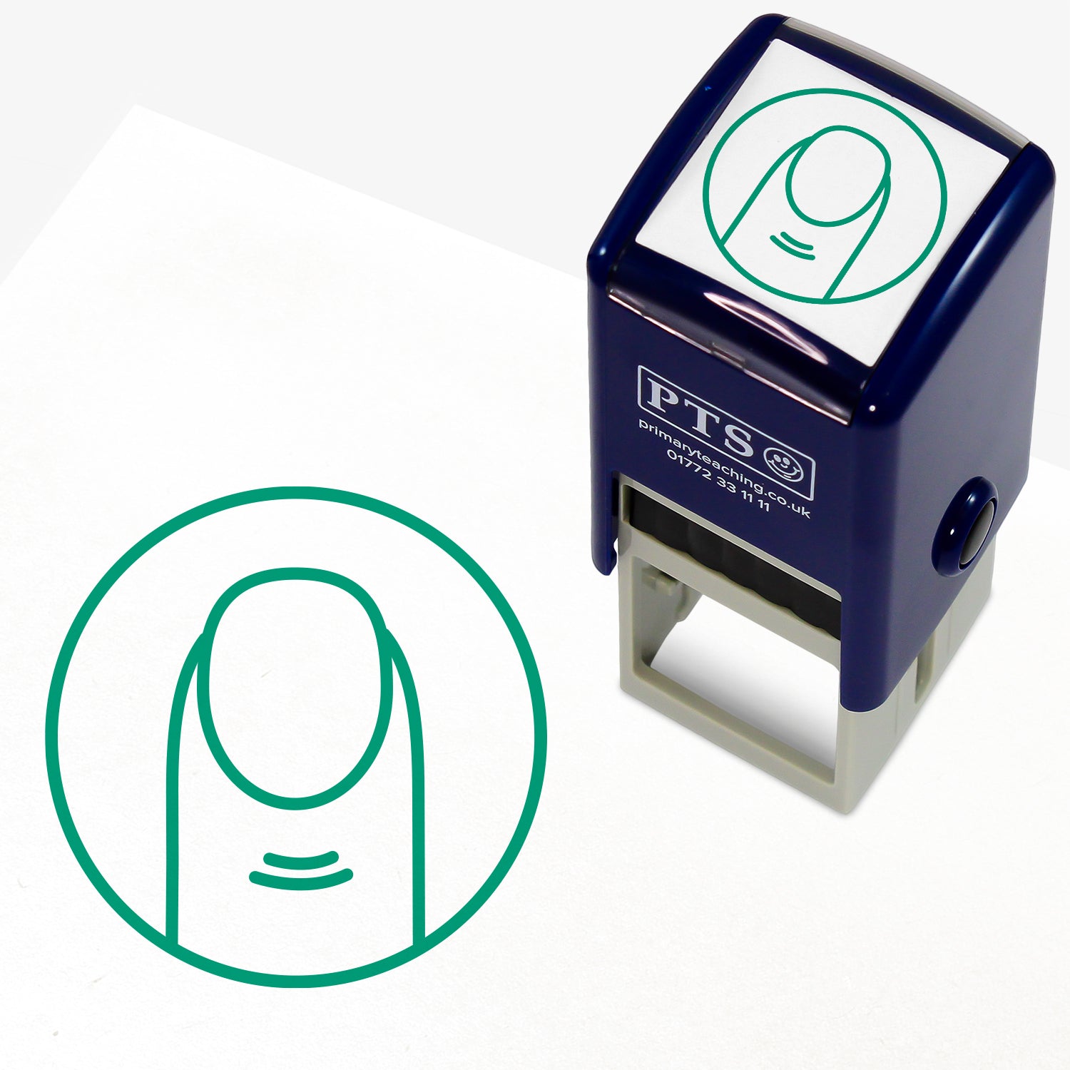 25mm self-inking stamper with green ink.  The stamp impression is a green outline of a finger within a circle - indicating to leave finger spaces between words.
