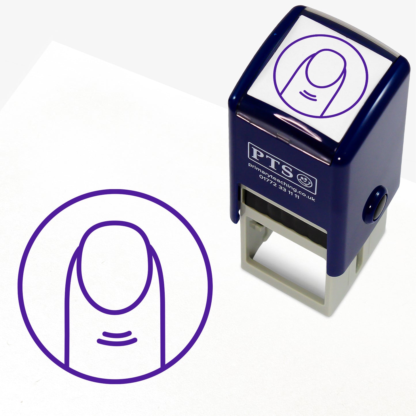 25mm self-inking stamper with purple ink.  The stamp impression is a purple outline of a finger within a circle - indicating to leave finger spaces between words.
