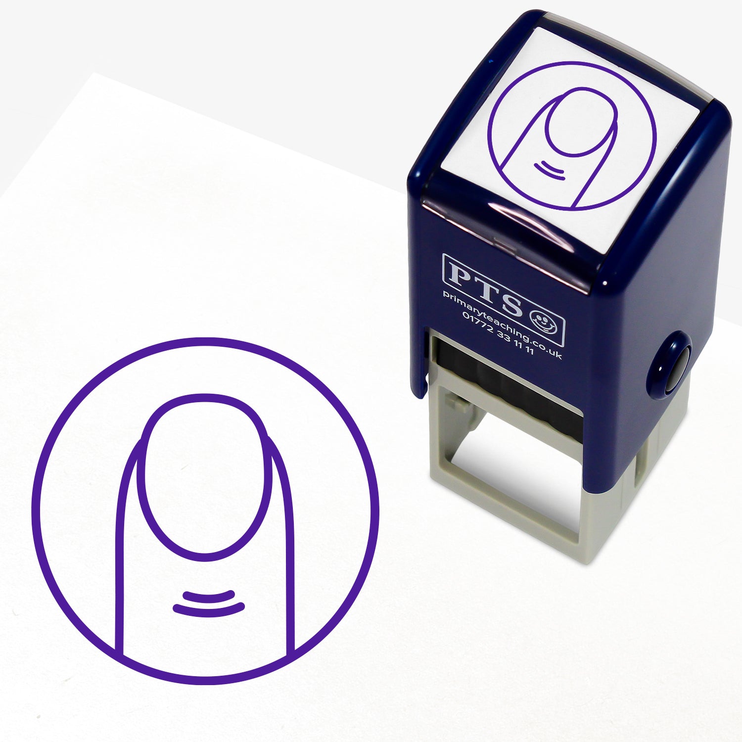 25mm self-inking stamper with purple ink.  The stamp impression is a purple outline of a finger within a circle - indicating to leave finger spaces between words.
