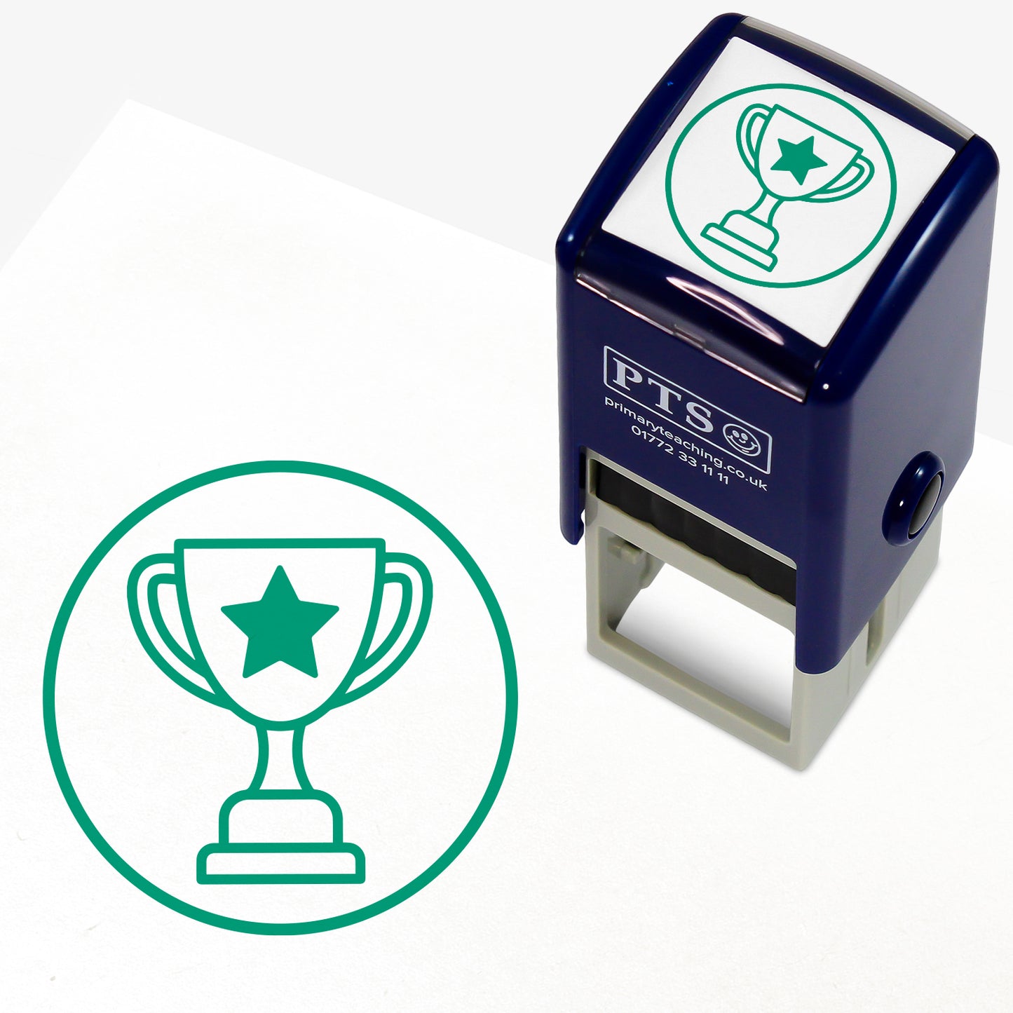 Green 'Trophy' 25mm pre-inked stamper featuring a circle with a trophy central to it; the trophy has a green star on it.