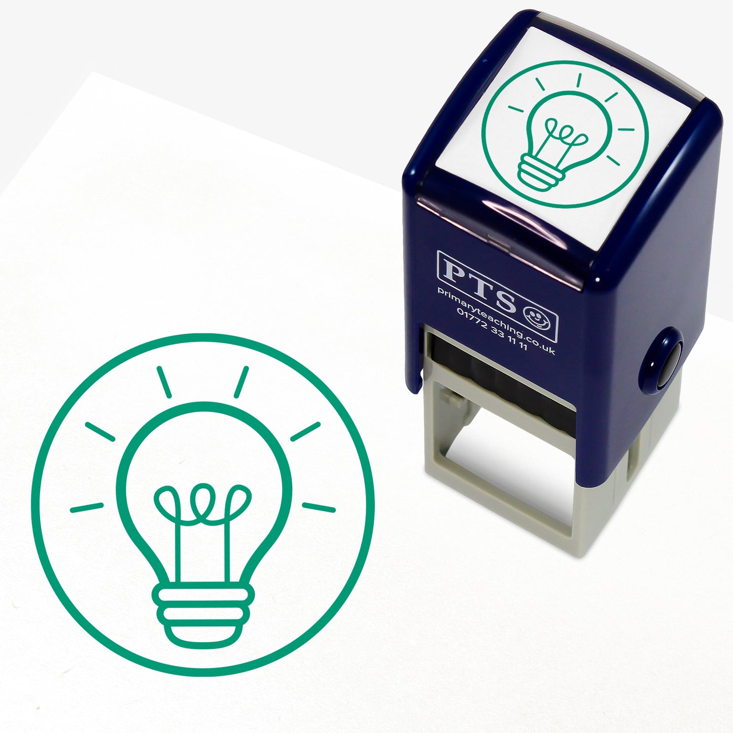 Great Ideas Stamper – 25mm pre-inked teacher stamp featuring a green circle and within it a lightbulb.