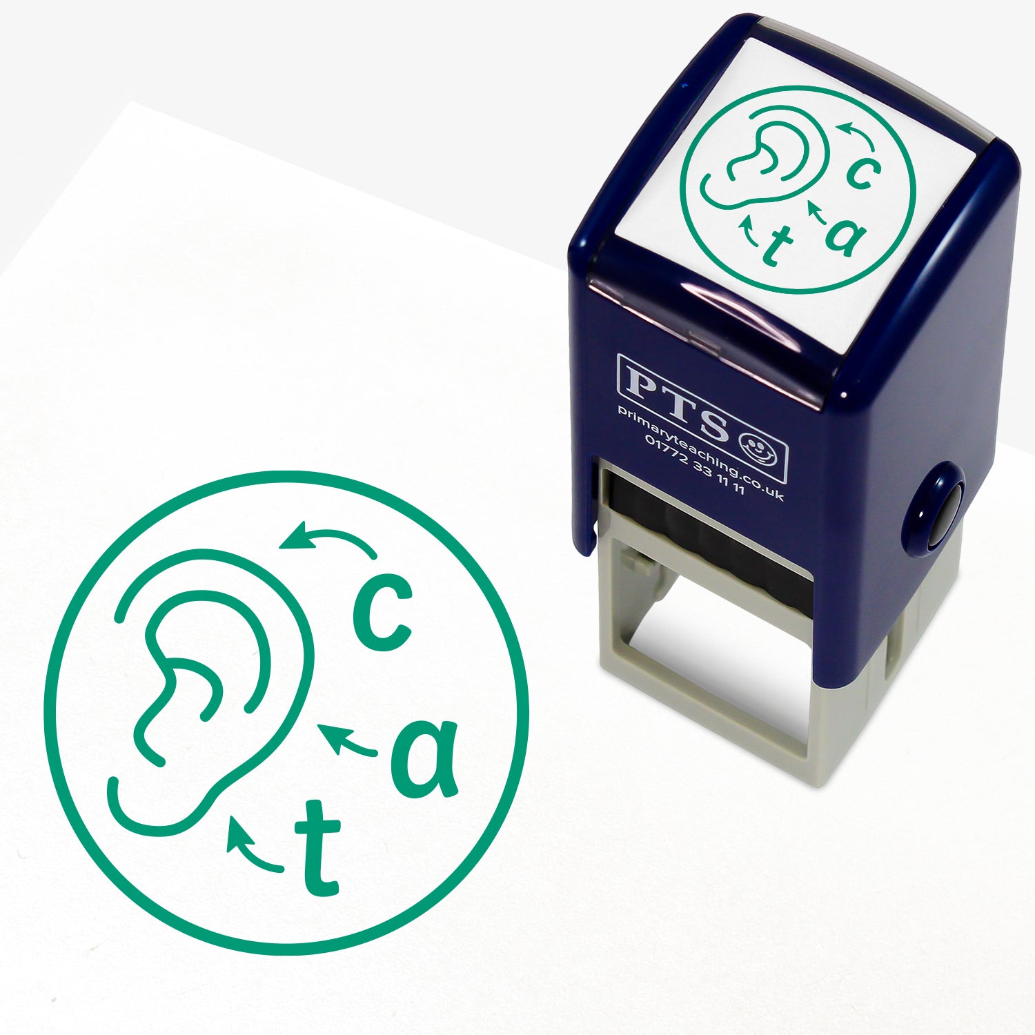 Green 'Sound Phonics' 25mm pre-inked stamper featuring a circle with an ear and the letters 'c', 'a', 't' with arrows pointing to the ear