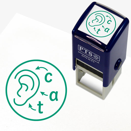 Green 'Sound Phonics' 25mm pre-inked stamper featuring a circle with an ear and the letters 'c', 'a', 't' with arrows pointing to the ear