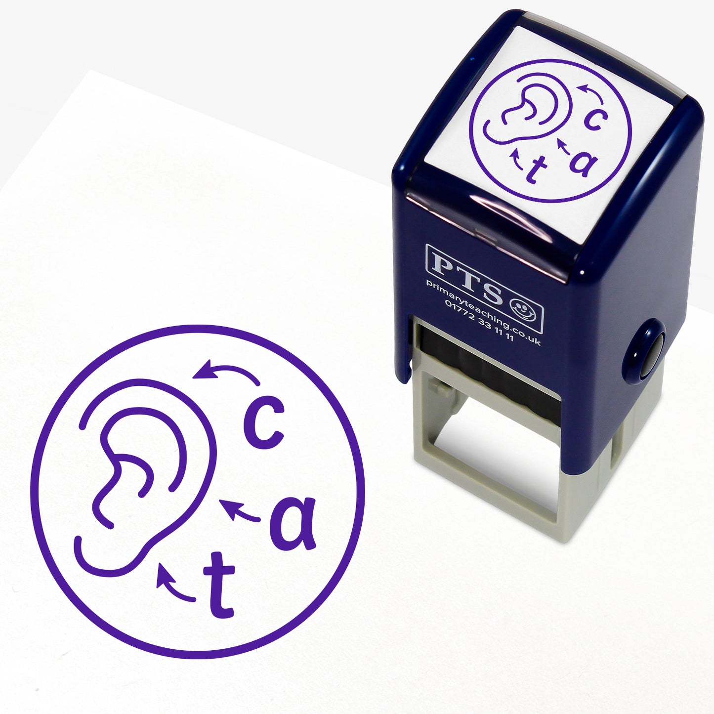 Purple 'Sound Phonics' 25mm pre-inked stamper featuring a circle with an ear and the letters 'c', 'a', 't' with arrows pointing to the ear