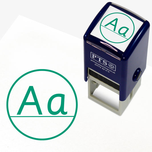 Aa Capital/Lower Case Stamper – 25mm green pre-inked teacher stamp featuring 'A' and 'a' on a line within a solid circle