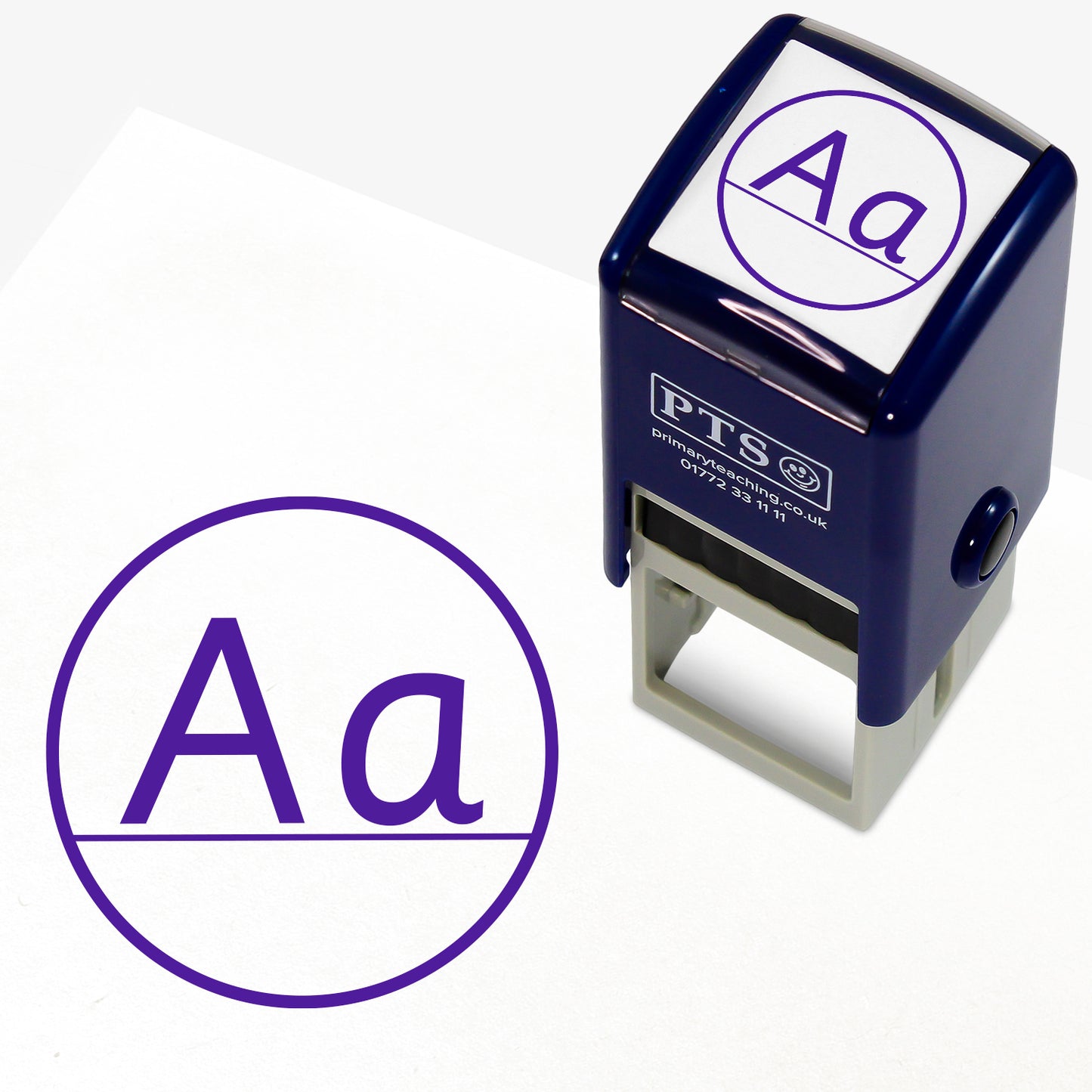 Aa Capital/Lower Case Stamper – 25mm purple pre-inked teacher stamp featuring 'A' and 'a' on a line within a solid circle