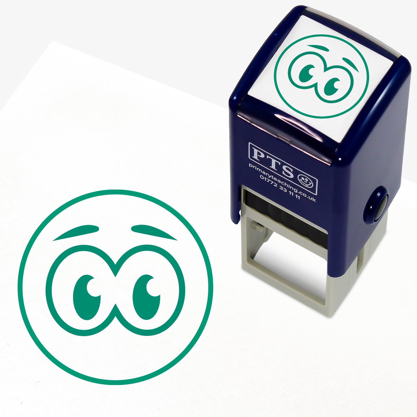 Look Carefully Stamper – 25mm pre-inked teacher stamp featuring a green circle and within it two eyes.