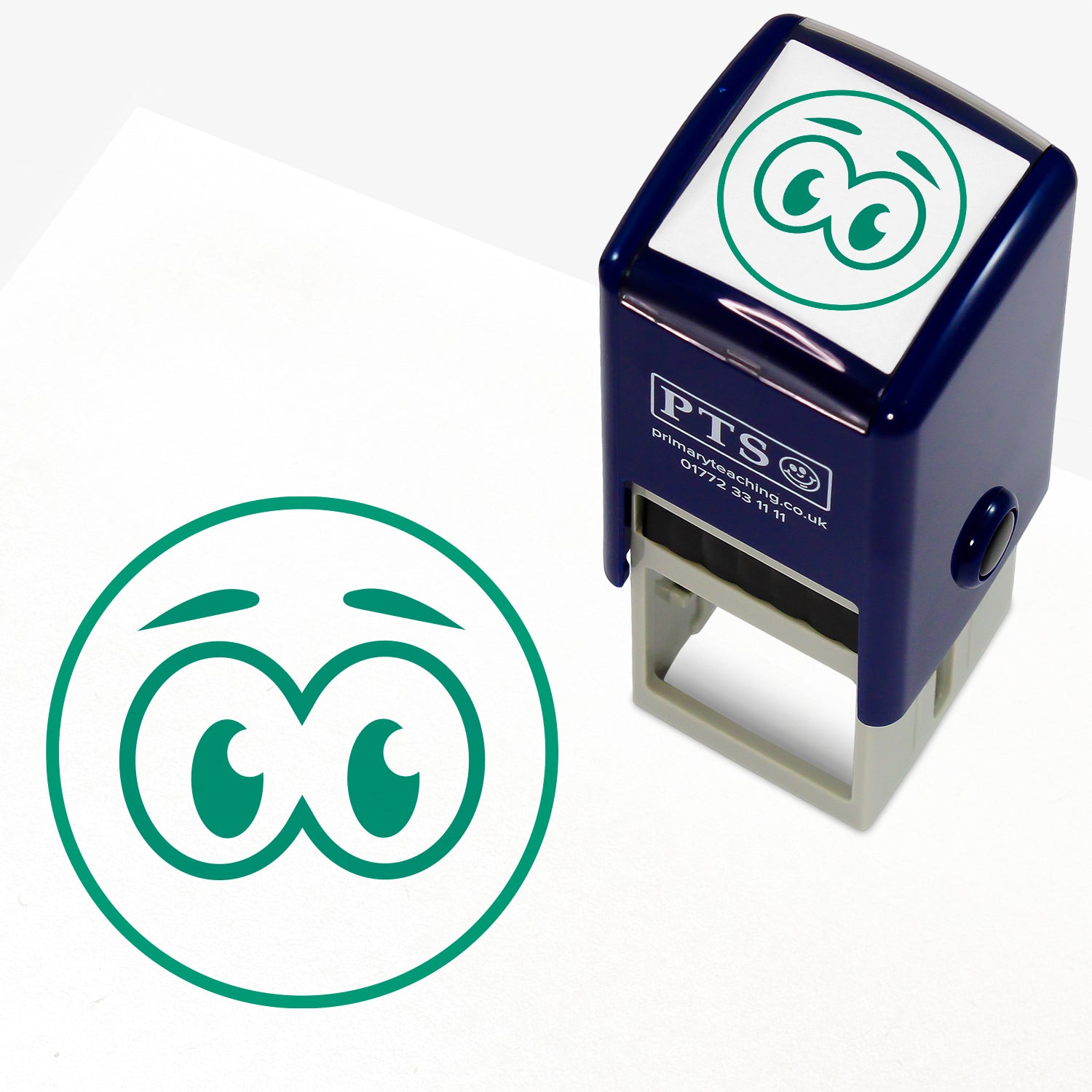 Look Carefully Stamper – 25mm pre-inked teacher stamp featuring a green circle and within it two eyes.