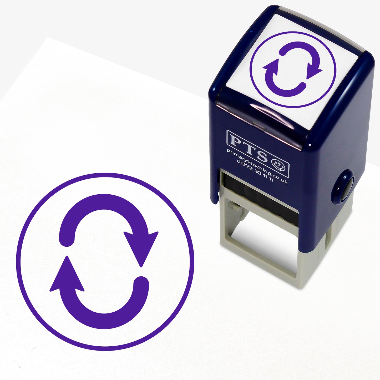 Change the Word Stamper – 25mm purple pre-inked teacher stamp featuring a 2 arrows within a solid circle to indicate changing a word
