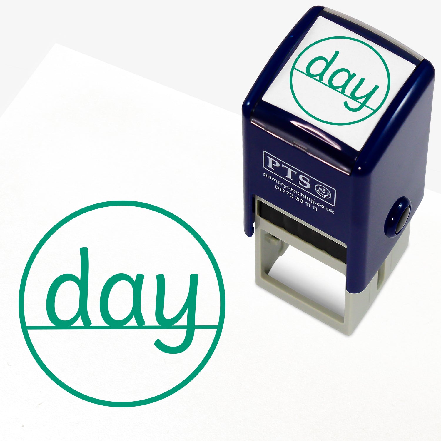Ascenders and Descenders Stamper – 25mm green pre-inked teacher stamp featuring a line with the word 'day' showing where the letters sit on the line.
