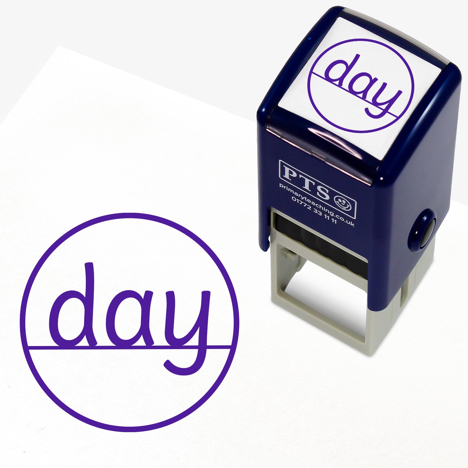 Ascenders and Descenders Stamper – 25mm purple pre-inked teacher stamp featuring a line with the word 'day' showing where the letters sit on the line.