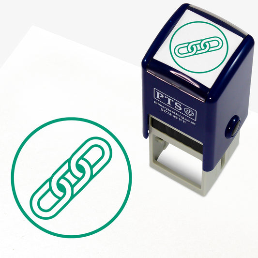Connectives Chain Stamper – 25mm green pre-inked teacher stamp featuring 3 chain links joined within a circle outline