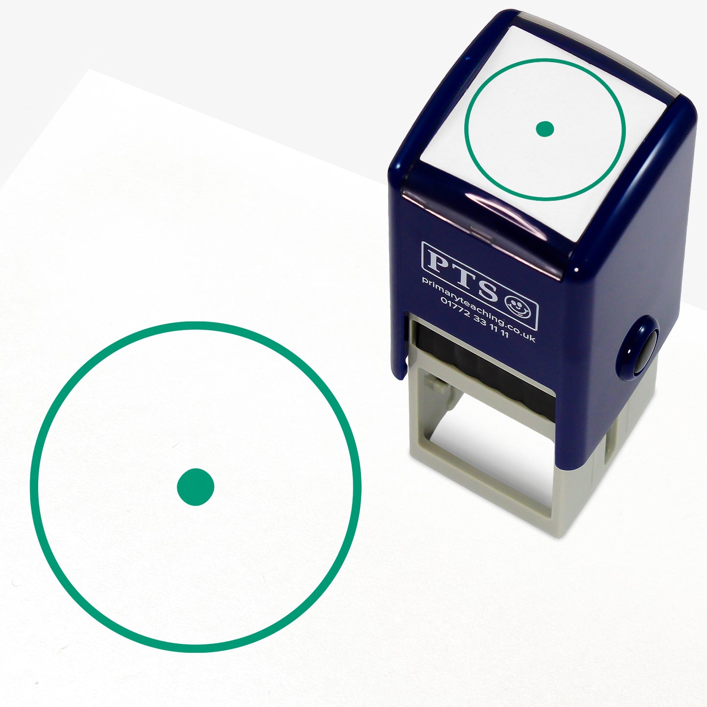 25mm self-inking stamper with green ink.  The stamp impression is a green full stop within a circle.