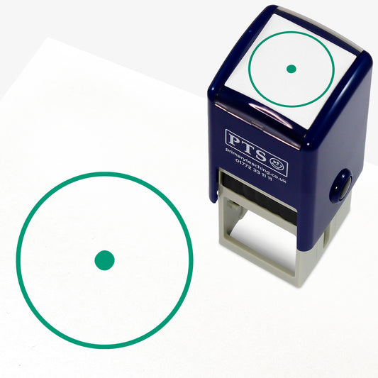 25mm self-inking stamper with green ink.  The stamp impression is a green full stop within a circle.