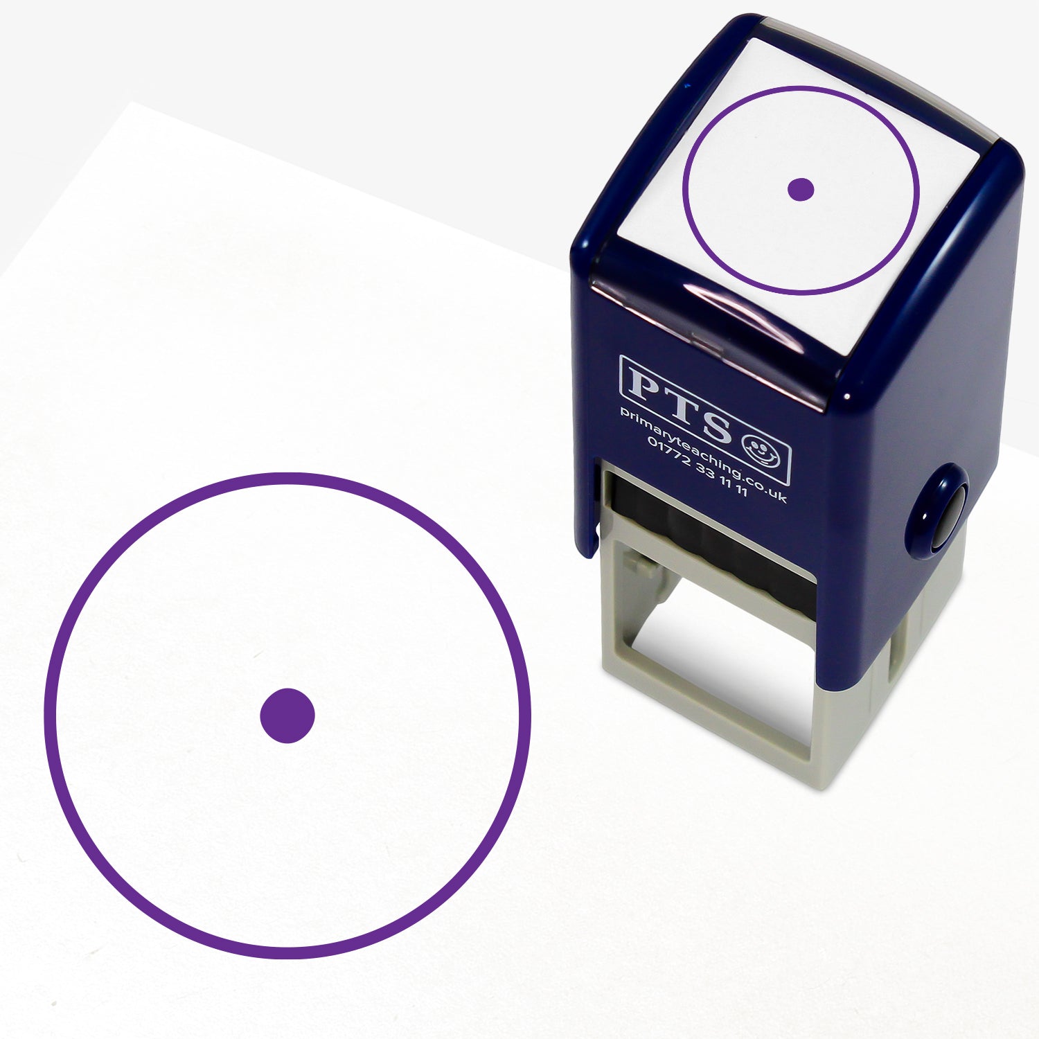 25mm self-inking stamper with purple ink.  The stamp impression is a purple full stop within a circle.