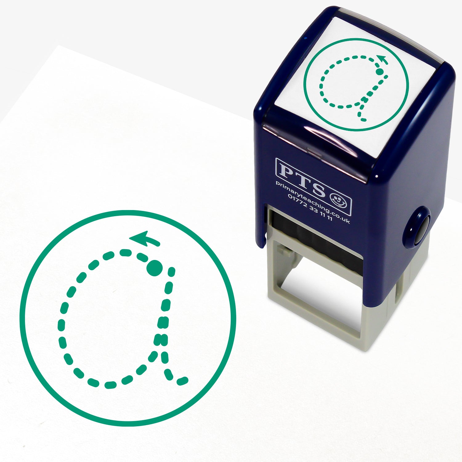 Letter Formation Stamper – 25mm pre-inked teacher stamp featuring a green circle and within it dots and arrow indicating the formation of the letter 'a'.