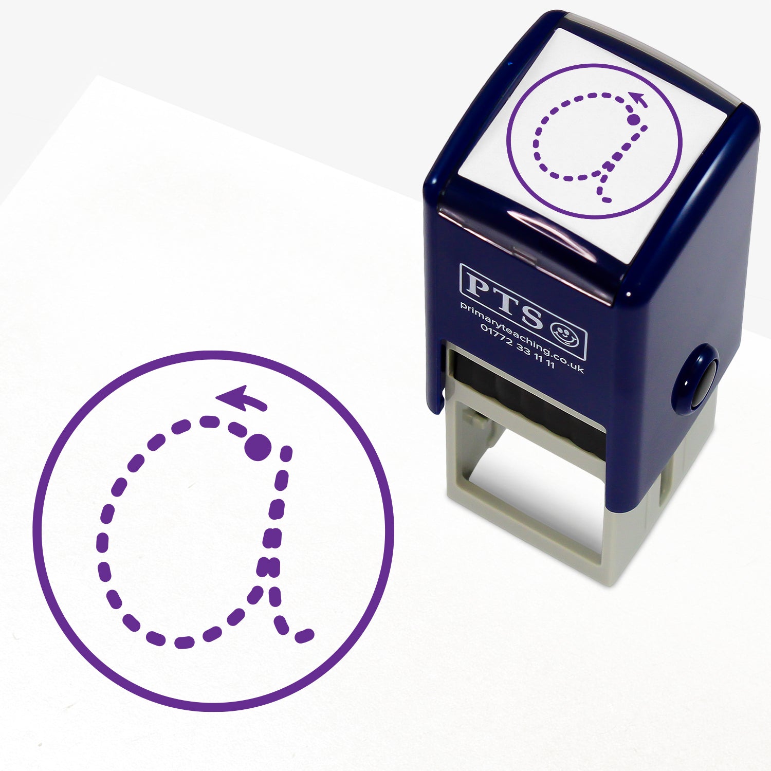 Letter Formation Stamper – 25mm pre-inked teacher stamp featuring a purple circle and within it dots and arrow indicating the formation of the letter 'a'.