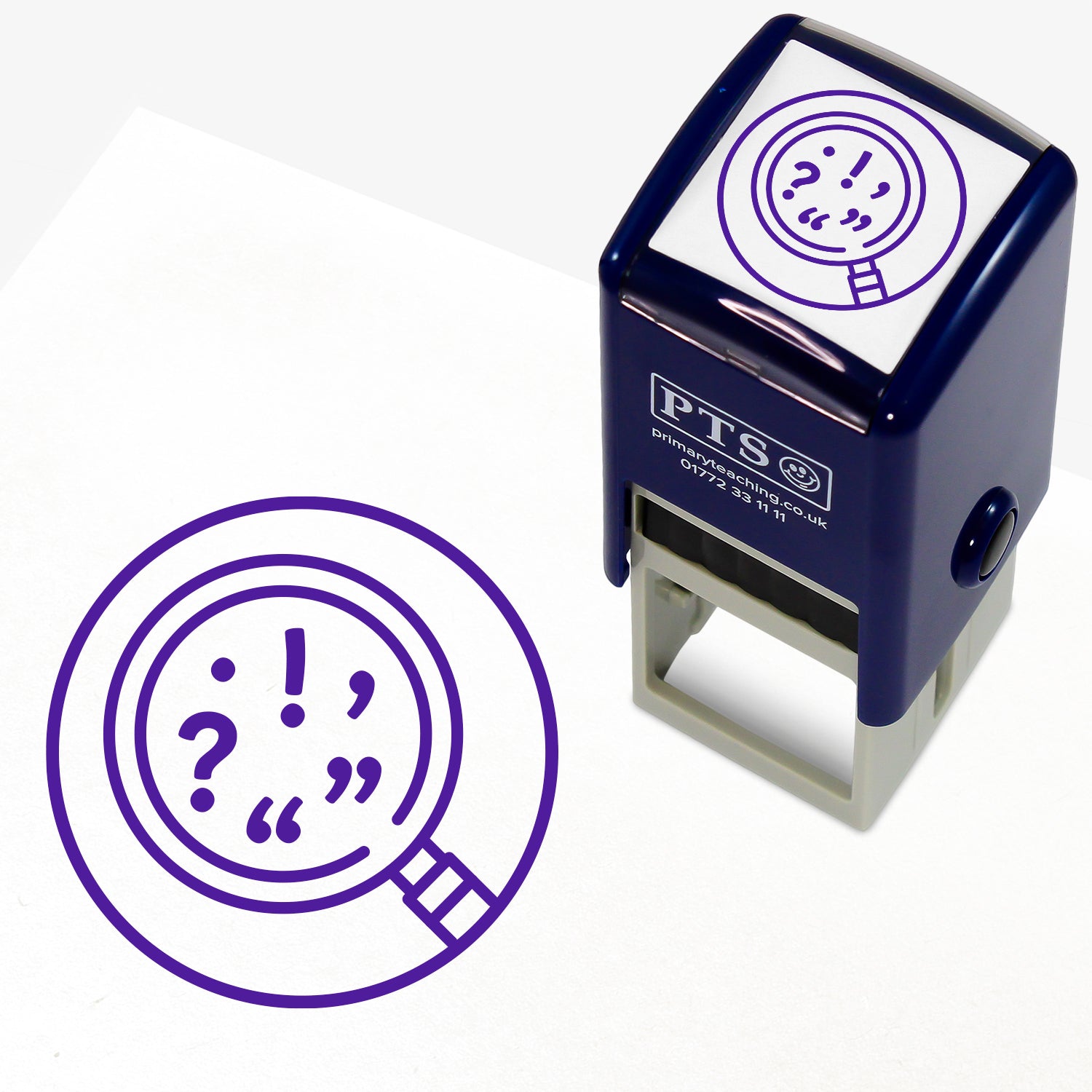 Punctuation Stamper – 25mm pre-inked teacher stamp with purple ink, featuring various puntuation marks in a magnifying glass.