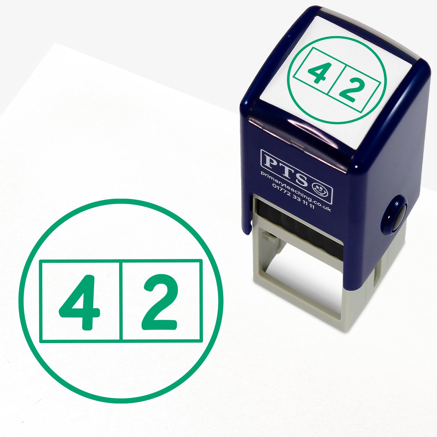 Green 25mm pre-inked stamper featuring a 2 squares each with separate numbers in them '4' & '2', within a green outer circle.