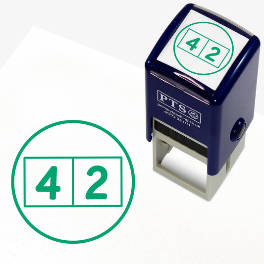 Green 25mm pre-inked stamper featuring a 2 squares each with separate numbers in them '4' & '2', within a green outer circle.
