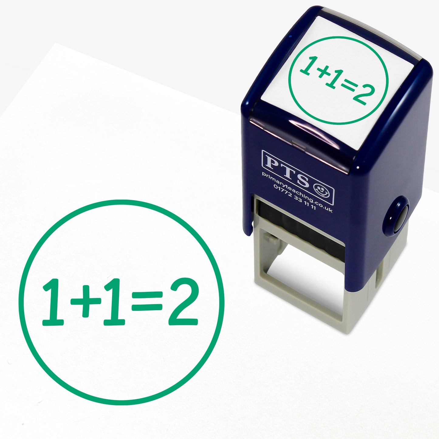 Green 'Show Your Working' 25mm pre-inked stamper featuring a circle enclosing the sum '1 + 1 = 2'