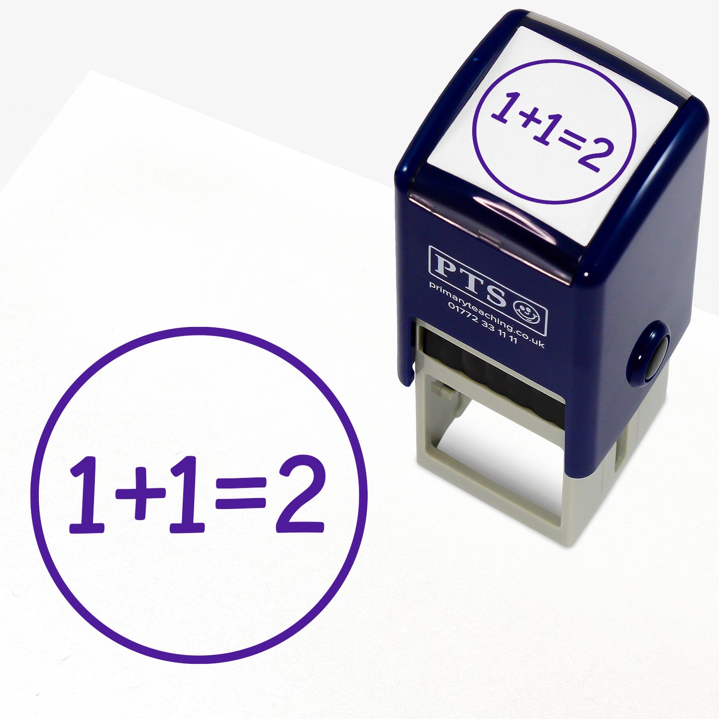 Purple 'Show Your Working' 25mm pre-inked stamper featuring a circle enclosing the sum '1 + 1 = 2'