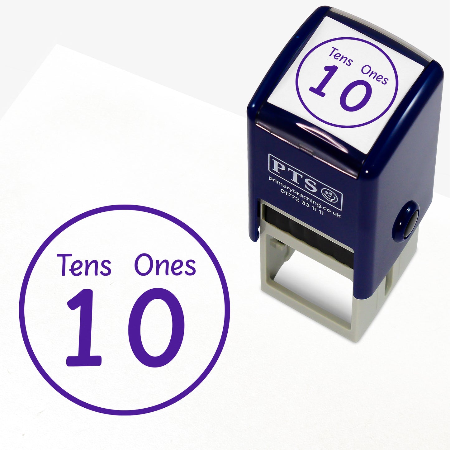 Tens and Ones Stamper – 25mm pre-inked teacher stamp featuring a bold purple number '10' with 'Tens' and 'Ones' labels, designed to help pupils understand place value in maths work.