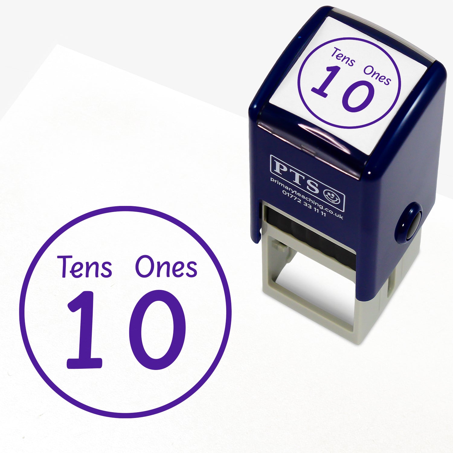 Tens and Ones Stamper – 25mm pre-inked teacher stamp featuring a bold purple number '10' with 'Tens' and 'Ones' labels, designed to help pupils understand place value in maths work.