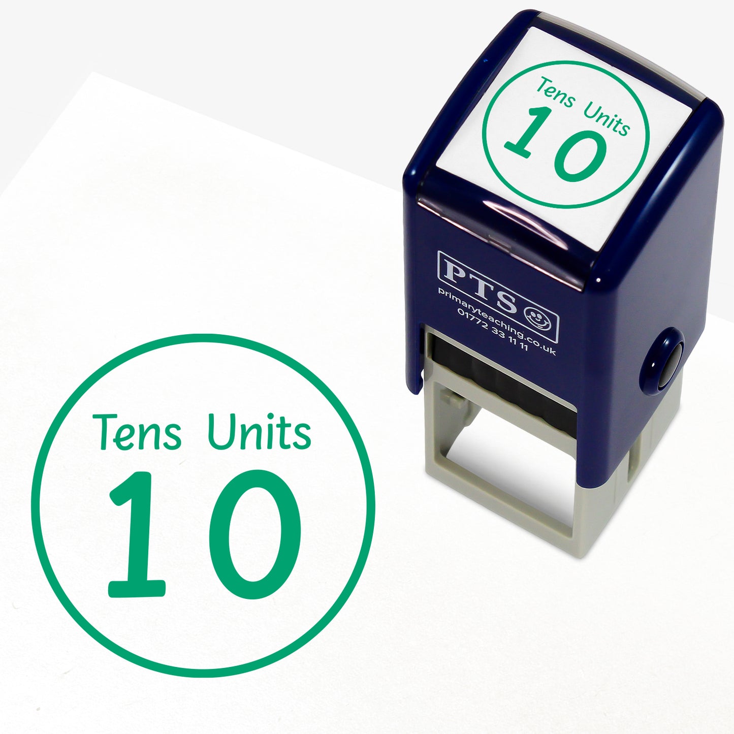 Green 'Tens and Units' 25mm pre-inked stamper featuring a circle with 'Tens' and the number '1' below and 'Units' with the number '0' below.