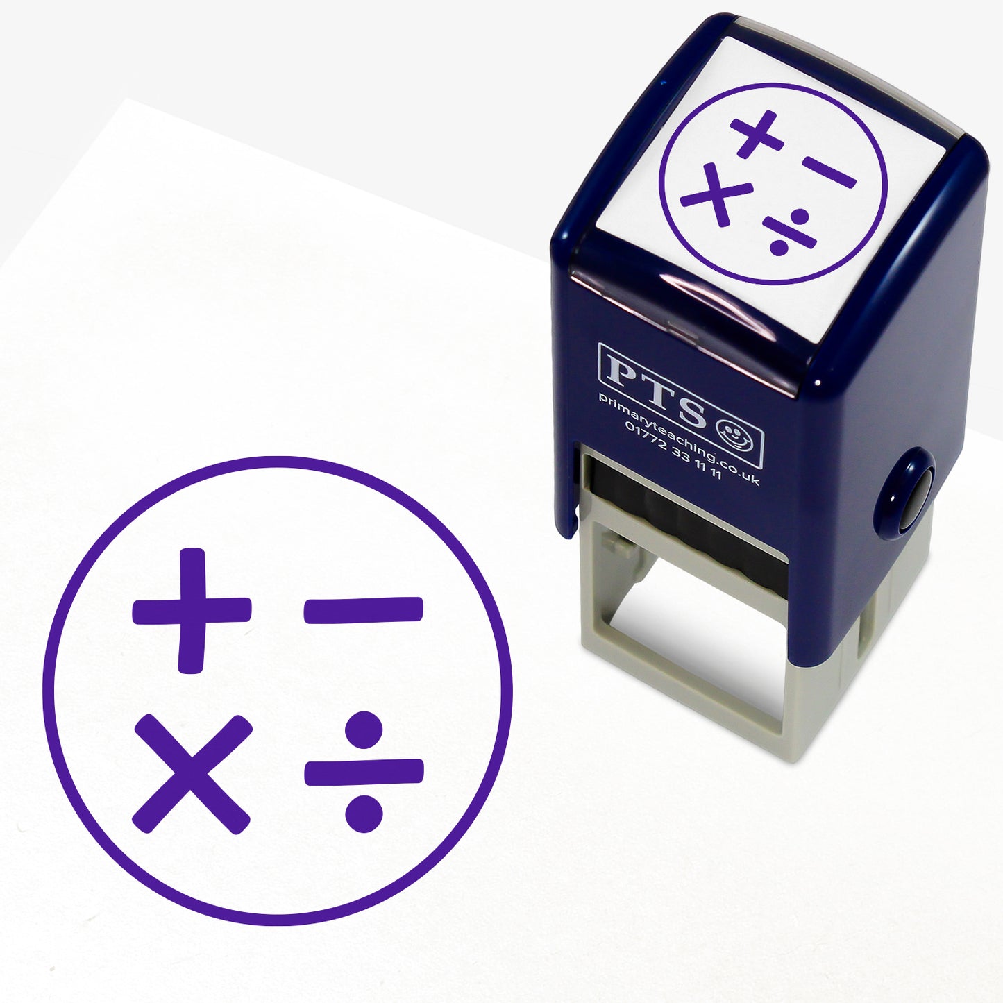 Purple 25mm pre-inked stamper featuring a circle with the following mathematical symbols within -  plus, multiply, divide and minus.