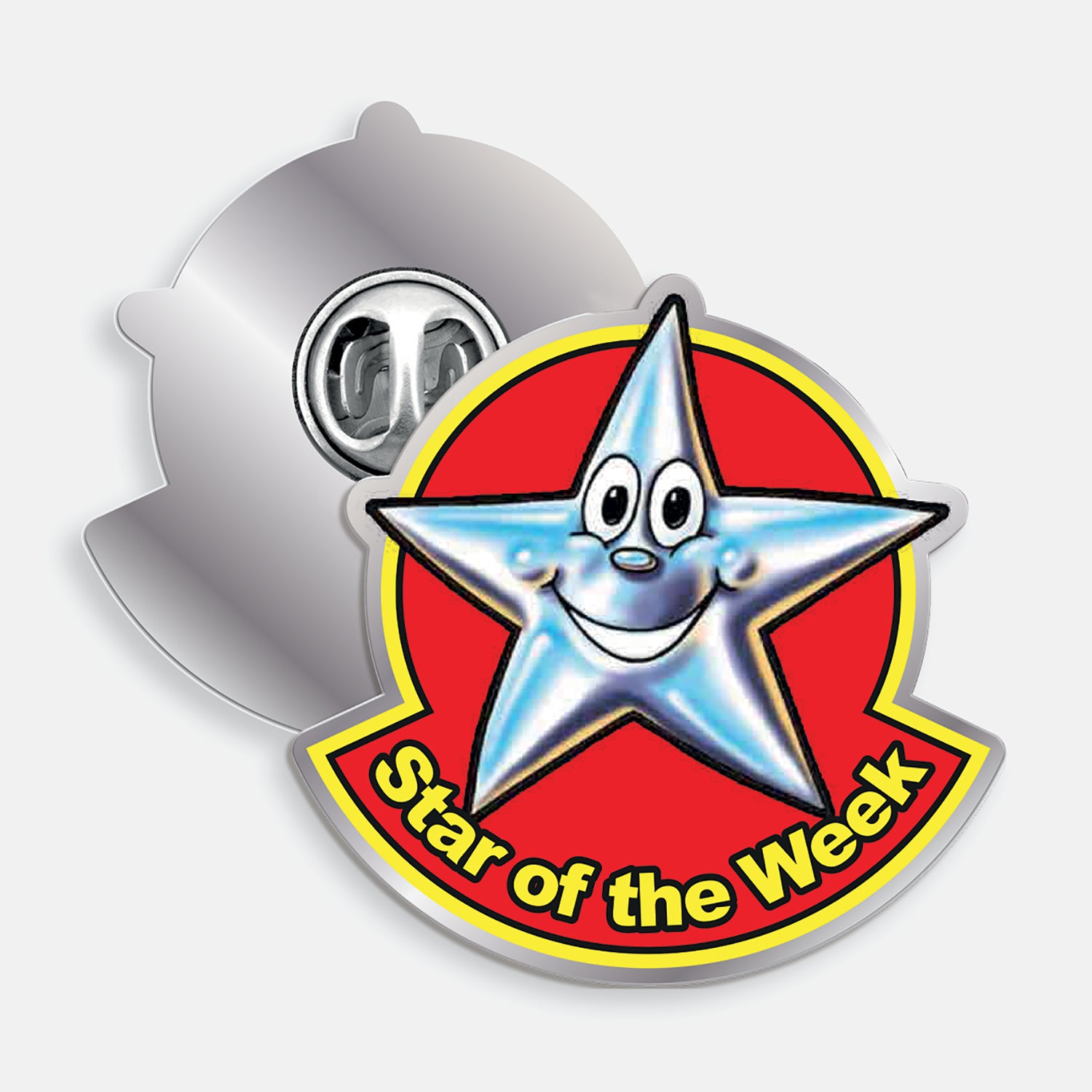 Red enamel, irregularly curved, badge with a yellow trim. A smiling silver start dominates the badge and below in yellow text says 'Star of the Week'.  The reverse side shows a silver back with a butterfly fastening