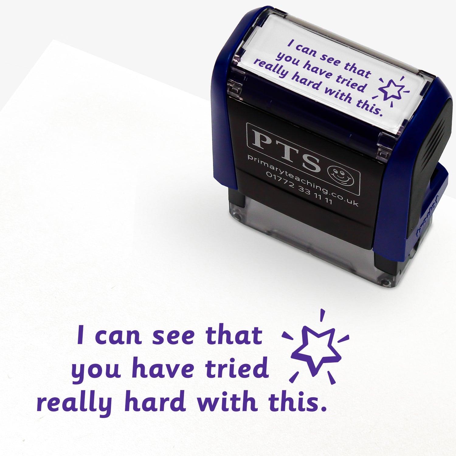 Rectangular self-inking stamper 38 x 15mm with purple ink, displaying a purple shining star icon alongside the text 'I can see that you have tried really hard with this.'