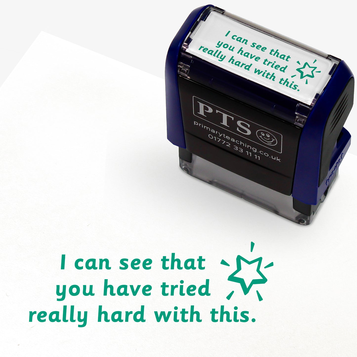 Rectangular self-inking stamper 38 x 15mm with green ink, displaying a green shining star icon alongside the text 'I can see that you have tried really hard with this.'