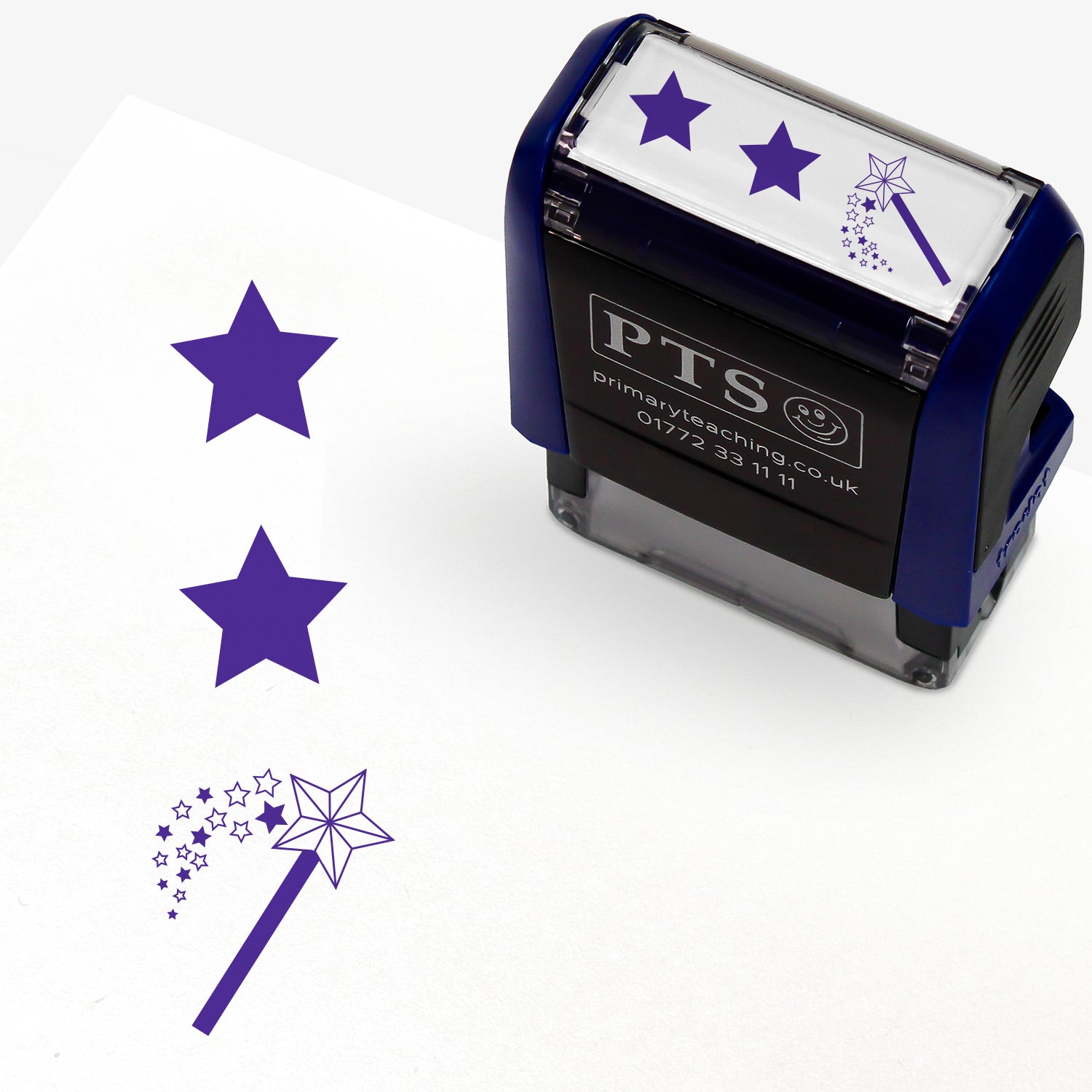 A rectangular pre-inked teacher stamper measuring 38mm x 15mm, featuring a green vertical impression: a star at the top, a star in the middle and a wand with a shower of stars underneath.