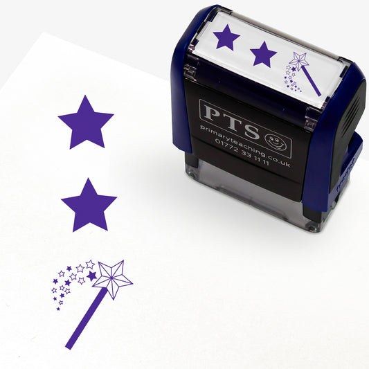 A rectangular pre-inked teacher stamper measuring 38mm x 15mm, featuring a green vertical impression: a star at the top, a star in the middle and a wand with a shower of stars underneath.