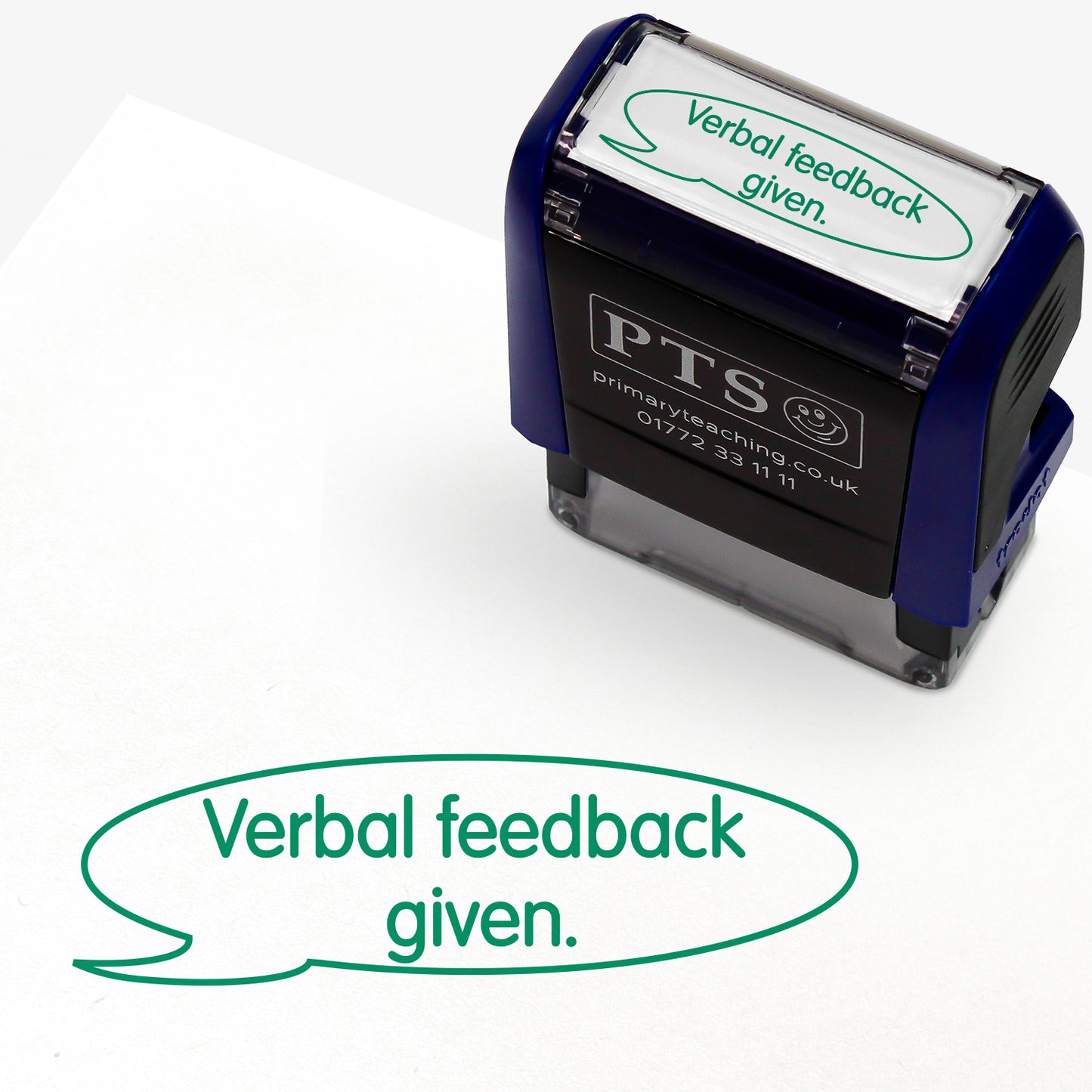 Rectangular self-inking stamper 38mm x 15mm with green ink, featuring a speech bubble with the text 'Verbal feedback given.' central to it