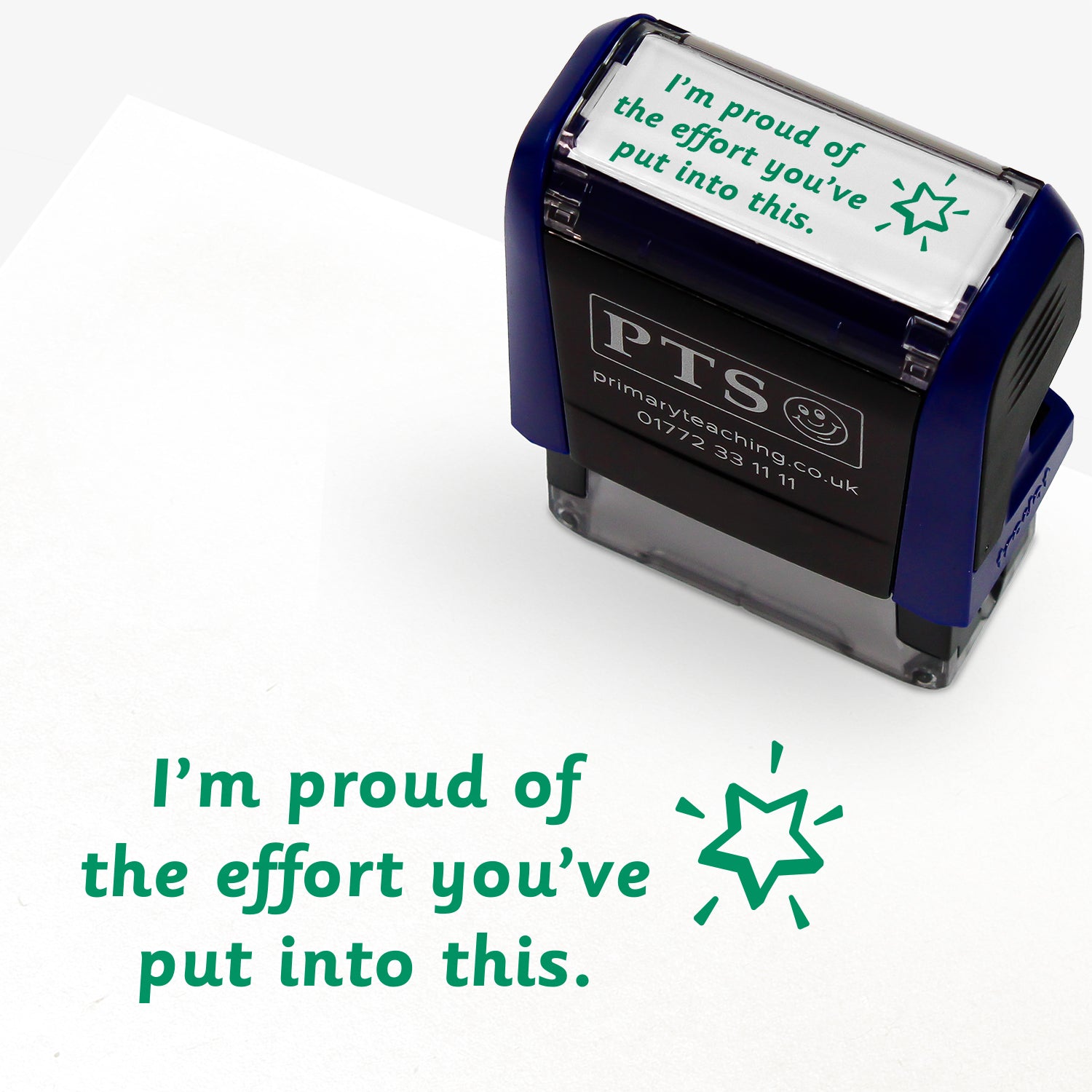 38mm x 14mm self-inking stamper featuring the phrase 'I'm proud of the effort you've put into this.' in bold green letters nexts to an illustration of a shining star.